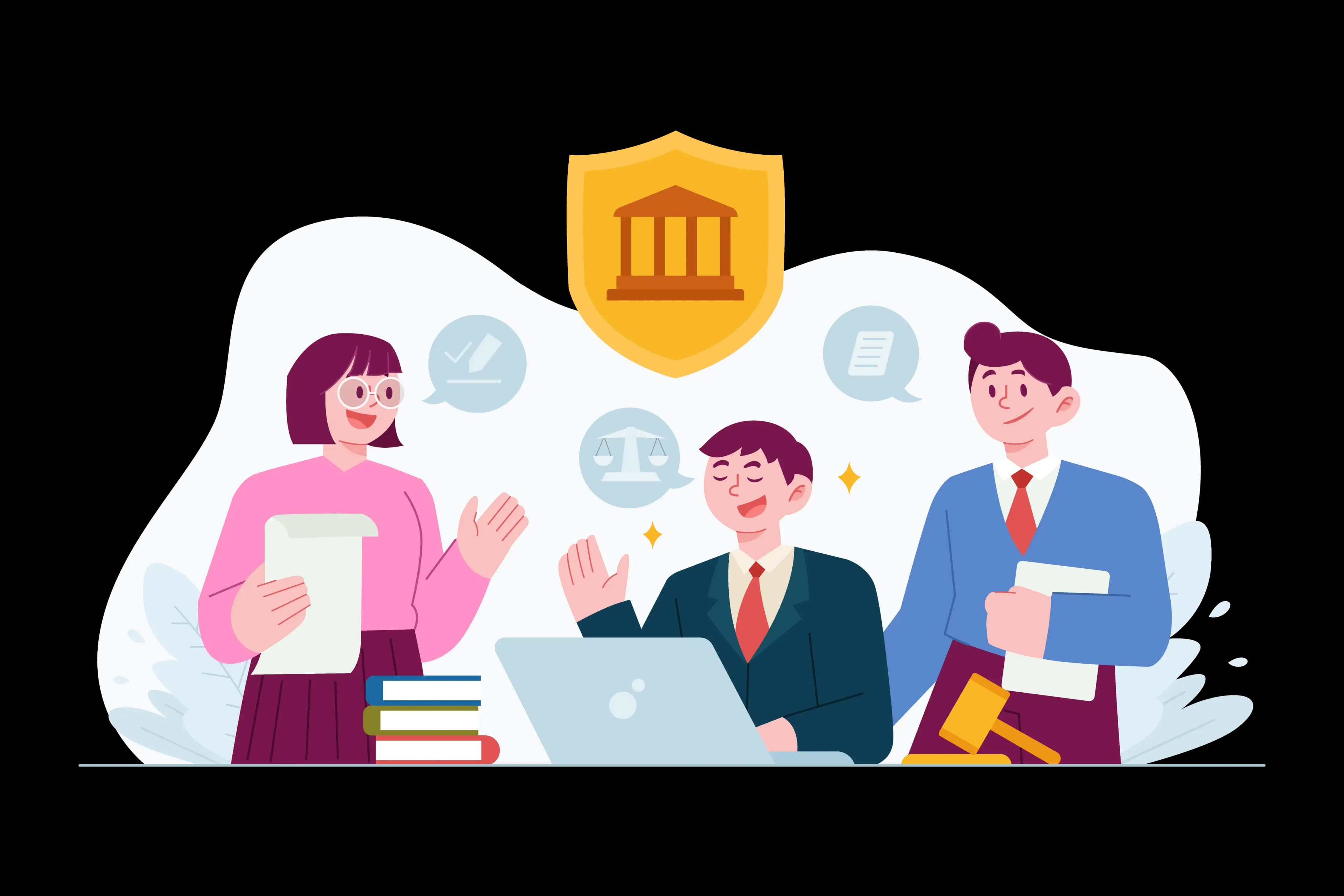 a group of three individuals, likely representing legal professionals or a team in a legal setting. One person, seated at a laptop, appears to be speaking or interacting with the others. Surrounding them are symbols of legal concepts, such as a scale of justice, documents, and checkmarks. At the top is a shield with a courthouse icon, symbolizing law and protection. The scene conveys collaboration, professionalism, and efficiency in a legal context.