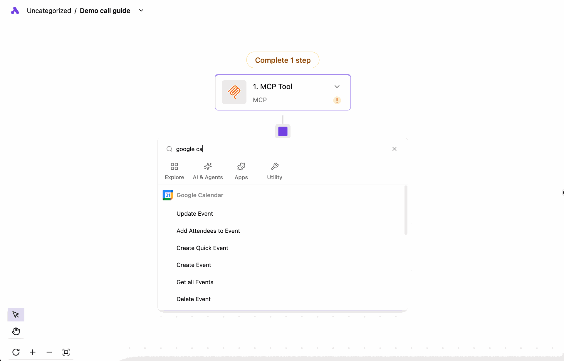 Screenshot of the Activepieces flow builder showing triggered action will connect to Google Calendar as a 2nd step.The interface highlights configuration fields for search of specific tools connected to the MCP servers